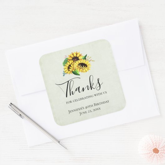 黄色ひまわり花水彩花束有難う スクエアシール (封筒)