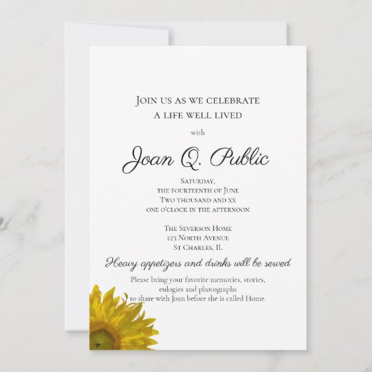 黄色ひまわり花生葬式パーティー 招待状 (裏面)