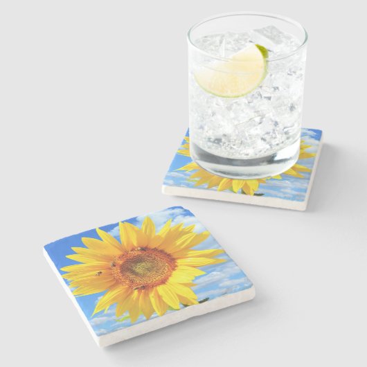 黄色ひまわり蜂の石コースターブルースカイ ストーンコースター (横)