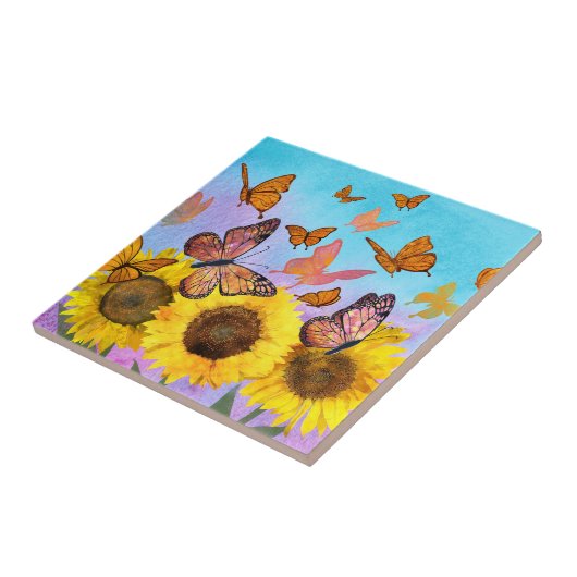 黄色ひまわり蝶の庭装飾品 タイル (側面)