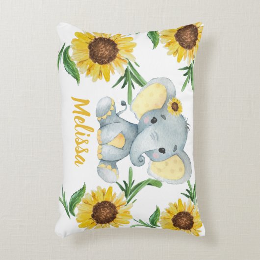 黄色ひまわり象の女の子名前をカスタムする枕 アクセントクッション (正面(垂直))