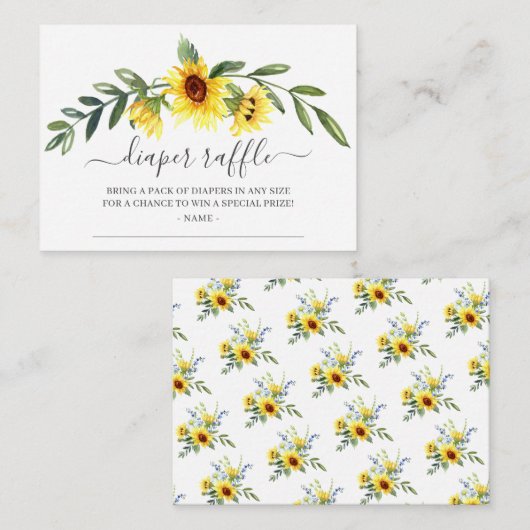 黄色ひまわり赤ちゃんシャワーおむつラッフル エンクロージャーカード (正面/裏面)