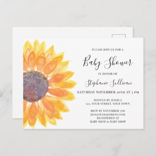 黄色ひまわり赤ちゃんシャワー招待状はがき インビテーションポストカード (正面/裏面)