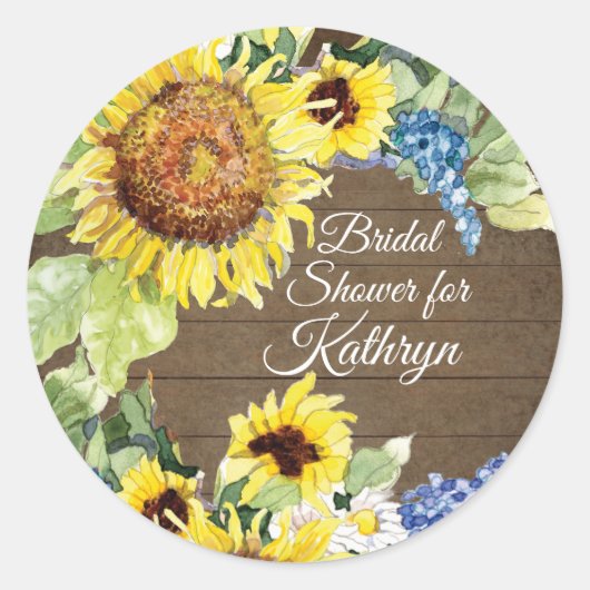 黄色ひまわり青い花nウッドブライダルシャワー ラウンドシール (正面)