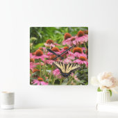 黄色アゲハチョウ蝶オンエキナセア スクエア壁時計 (ホーム)