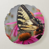 黄色アゲハチョウ蝶オンピンクエキナセア ラウンドクッション (正面)
