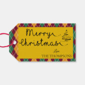 黄色アーガイルオレンジ緑のスクリプトメリークリスマス ギフトタグ (裏面横)
