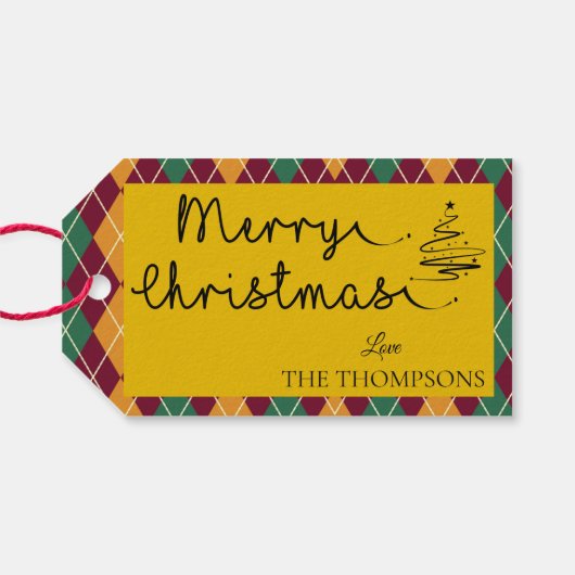 黄色アーガイルオレンジ緑のスクリプトメリークリスマス ギフトタグ (裏面横)