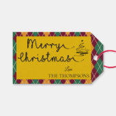 黄色アーガイルオレンジ緑のスクリプトメリークリスマス ギフトタグ (正面(横))