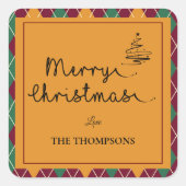 黄色アーガイルオレンジ緑のスクリプトメリークリスマス スクエアシール (正面)