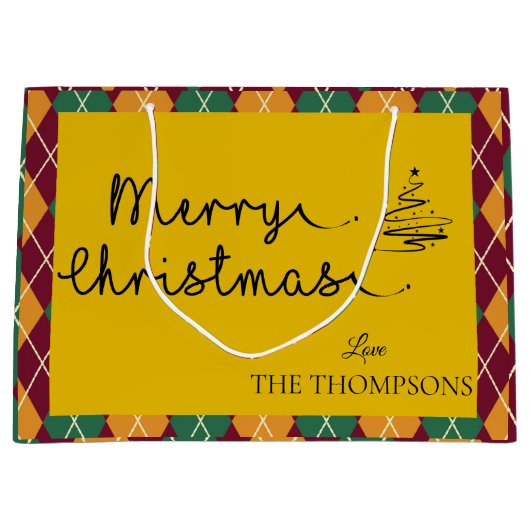 黄色アーガイルオレンジ緑のスクリプトメリークリスマス ラージペーパーバッグ (正面)