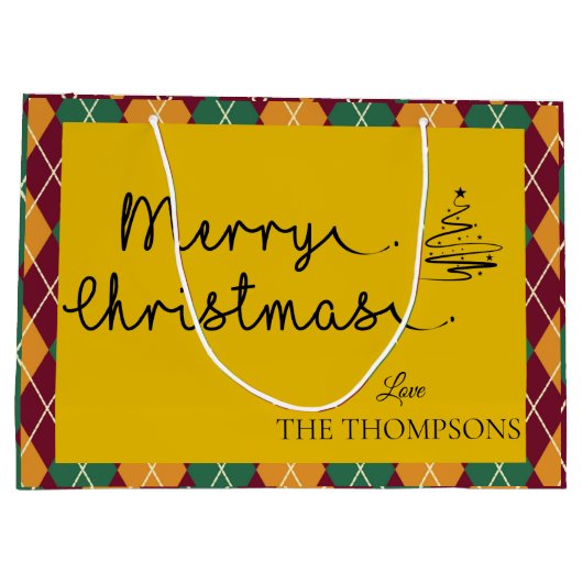 黄色アーガイルオレンジ緑のスクリプトメリークリスマス ラージペーパーバッグ (裏面)