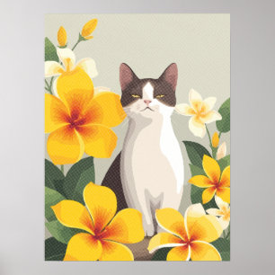 黄色エレガントいプルメリアの花を持つ猫 ポスター