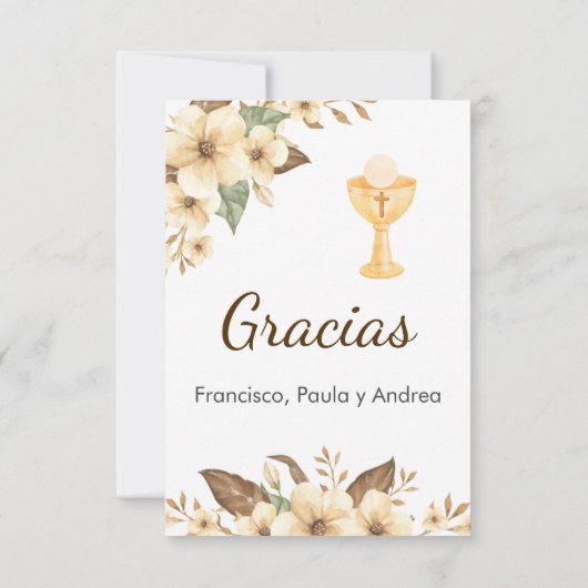 黄色エレガントい花かわいい最初の聖餐式 サンキューカード (裏面)