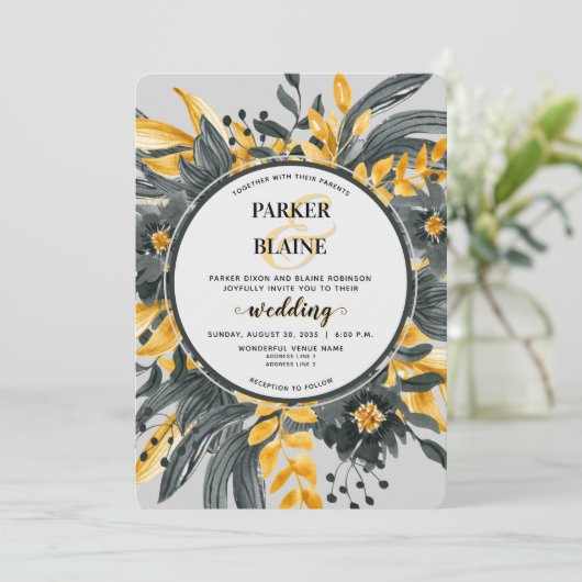 黄色エレガントとグレーのフローラモダンスクリプ結婚ト 招待状 (スタンド正面)