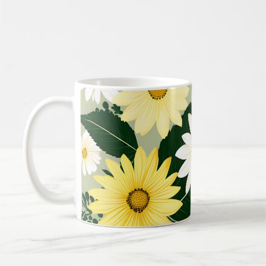 黄色エレガントと白のデイジーの花 コーヒーマグカップ (左)