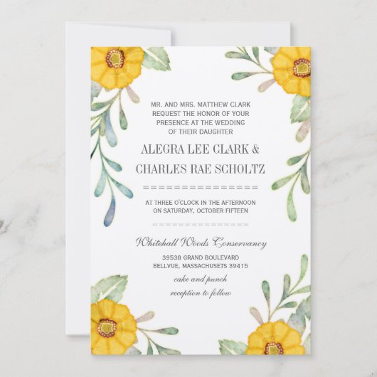 黄色エレガントと緑のフローラ水の色結婚の 招待状 (正面)