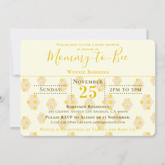 黄色エレガントのハニカムママへビー赤ちゃんシャワー 招待状 (正面)