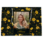 黄色エレガントのバターカップフラワーフォト誕生日 ラージペーパーバッグ (正面)