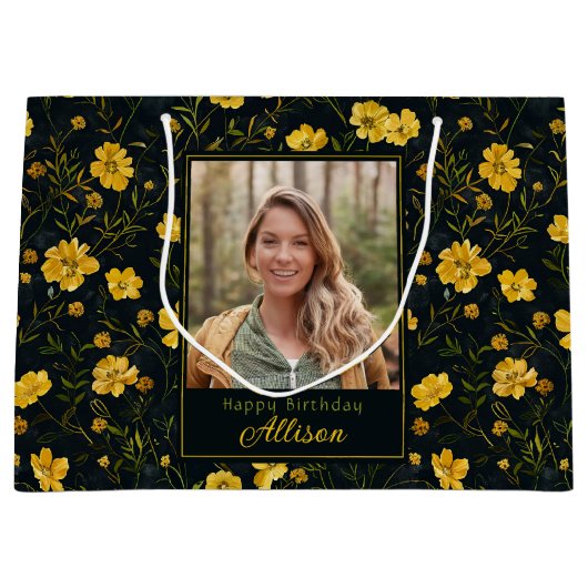 黄色エレガントのバターカップフラワーフォト誕生日 ラージペーパーバッグ (正面)