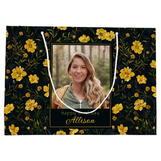 黄色エレガントのバターカップフラワーフォト誕生日 ラージペーパーバッグ (裏面)