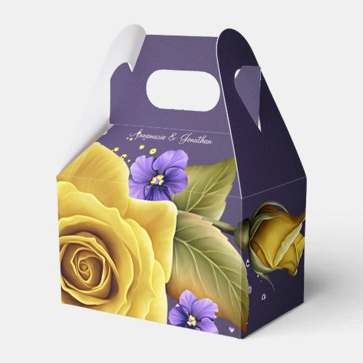 黄色エレガントのバラと紫のヴィオレ結婚ス フェイバーボックス (正面サイド)