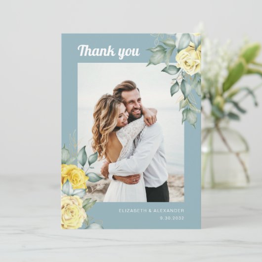 黄色エレガントのバラのフローラの結婚緑の写真 サンキューカード (スタンド正面)