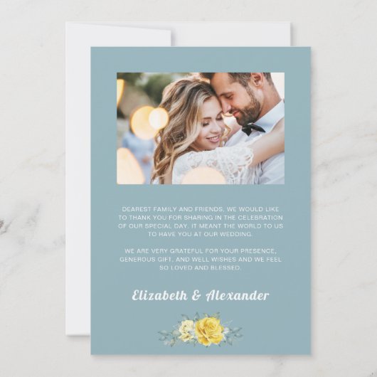 黄色エレガントのバラのフローラの結婚緑の写真 サンキューカード (裏面)