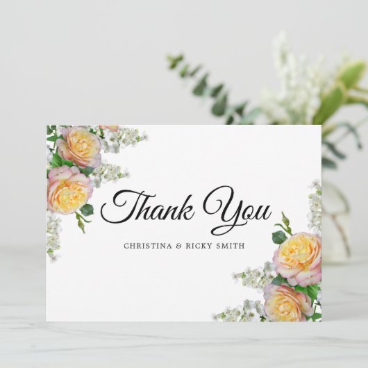 黄色エレガントのバラの花束結婚の花 サンキューカード (スタンド正面)