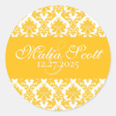 黄色エレガントのホワイトダマスクの結婚式の好意 ラウンドシール (正面)