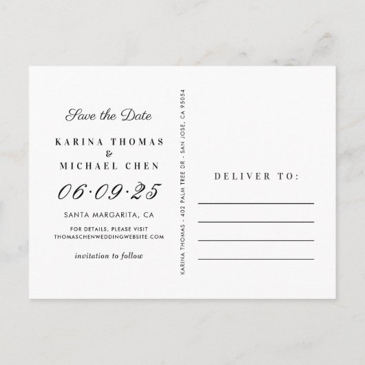 黄色エレガントの写真コラージュ結婚式の日付を保存 案内ポストカード (裏面)