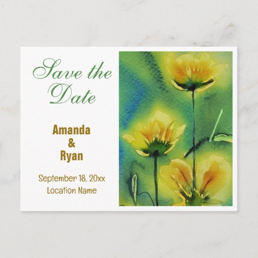 黄色エレガントの花の結婚式の日付を保存 案内ポストカード (正面)