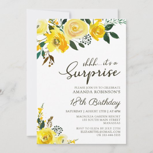黄色エレガントバラフローラサプライズ18誕生日 招待状 (正面)