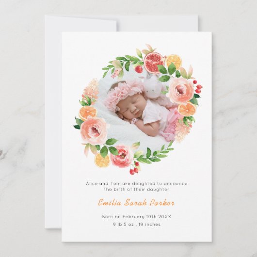 黄色エレガントバラリースフローラフォト誕生 案内状 (正面)