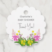 黄色エレガントピンクのワイルドフラワースクリプト赤ちゃんシャワー フェイバータグ (正面)