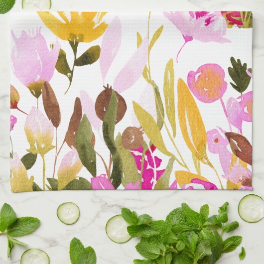 黄色エレガントピンク水色フローラパーソナライズされた キッチンタオル (折り畳み)