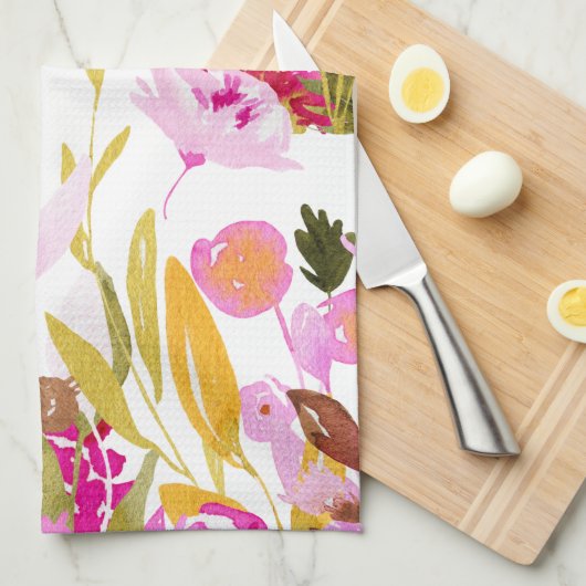 黄色エレガントピンク水色フローラパーソナライズされた キッチンタオル (四つ折り)