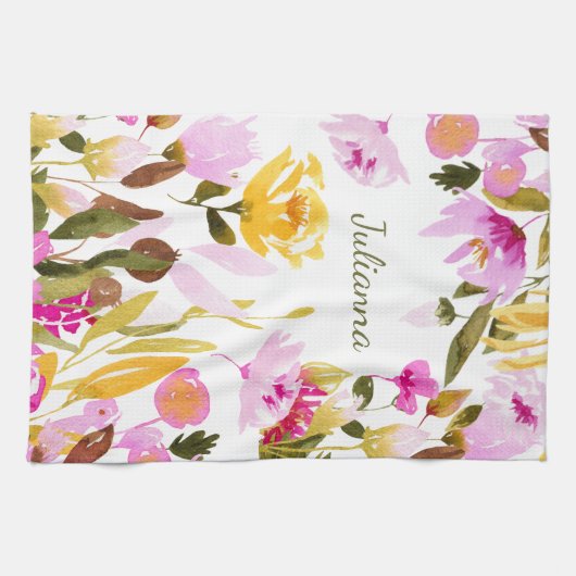 黄色エレガントピンク水色フローラパーソナライズされた キッチンタオル (横)