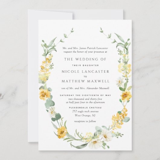 黄色エレガントフォーマルのフローラ結婚 招待状 (正面)