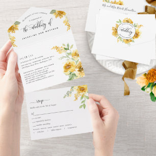 黄色エレガントフローラの結婚ティアオフRSVP オールインワン招待状