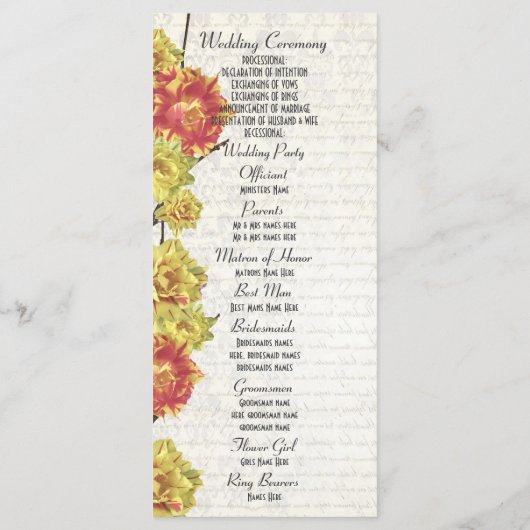 黄色エレガントフローラ教会の結婚式 プログラム (裏面)