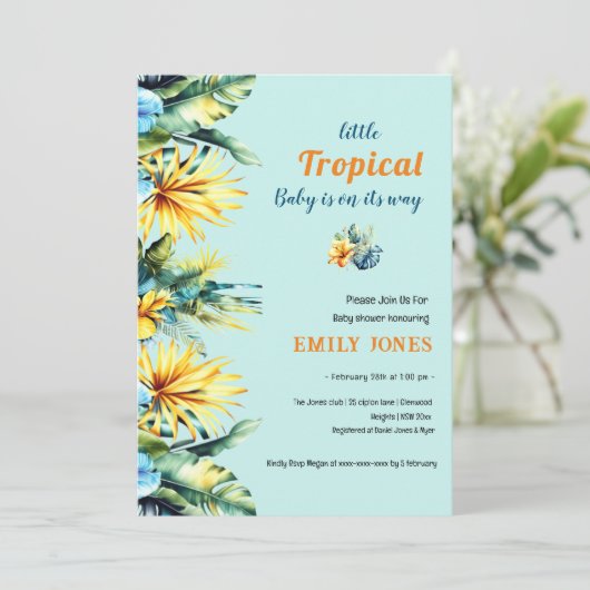 黄色エレガントフローラ熱帯緑の赤ちゃんシャワー 招待状 (スタンド正面)