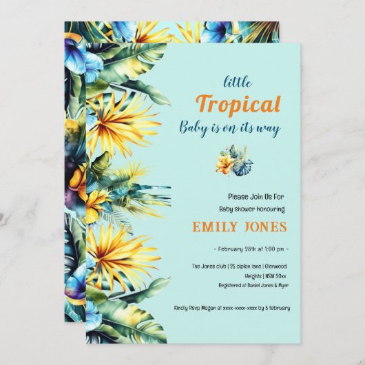 黄色エレガントフローラ熱帯緑の赤ちゃんシャワー 招待状 (正面/裏面)