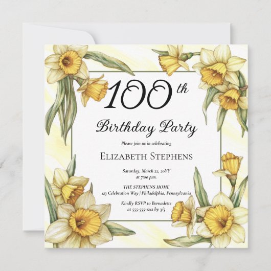 黄色エレガントフローラ100誕生日 招待状 (正面)