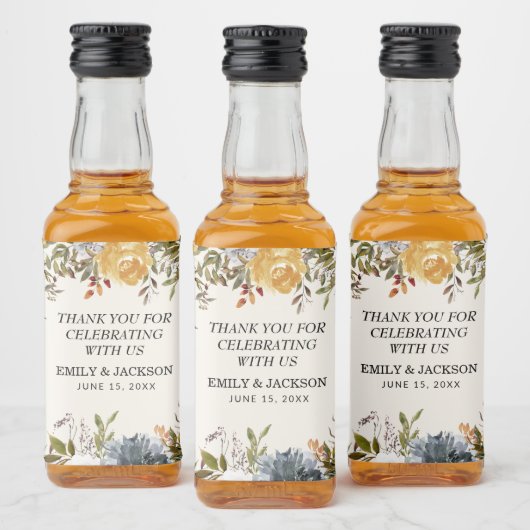 黄色エレガントブルーウォーターフローラ結婚ズ リキュールボトルラベル (ボトル)