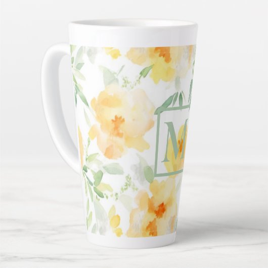 黄色エレガント桃色の水色フローラ カフェラテマグ (左アングル)