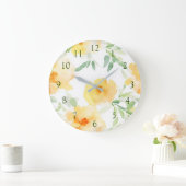 黄色エレガント桃色の水色フローラ ラージ壁時計 (ホーム)