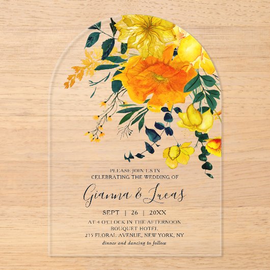 黄色エレガント水彩植物性フローラ結婚ズ アクリル招待状 (正面)