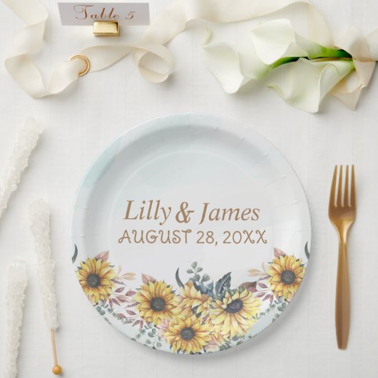 黄色エレガント水色ひまわり晴れ ペーパープレート (ウェディング)