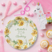 黄色エレガント水色フローラ70誕生日P ペーパープレート (パーティー)